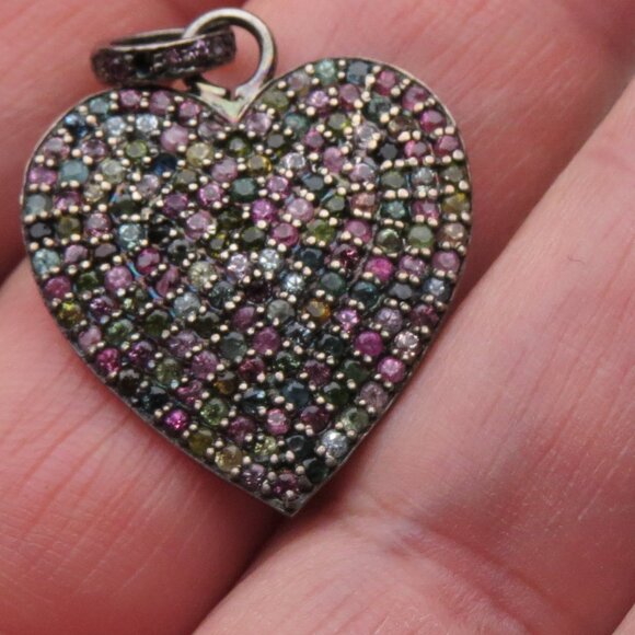 $1700 Turmaline Multi ColorHeart Silver Vintage Pendent